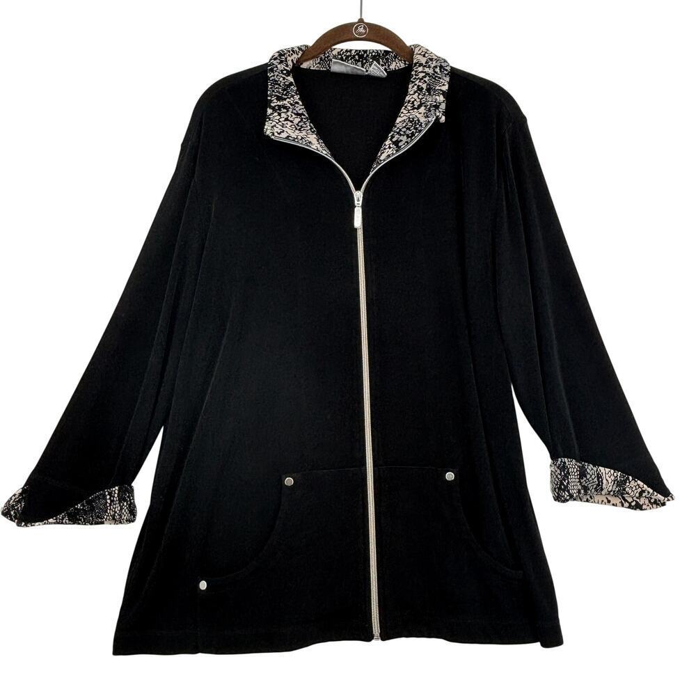 Chico's Travelers Slinky Blouse Top Size XL Black Zip Up Animal Print Trim